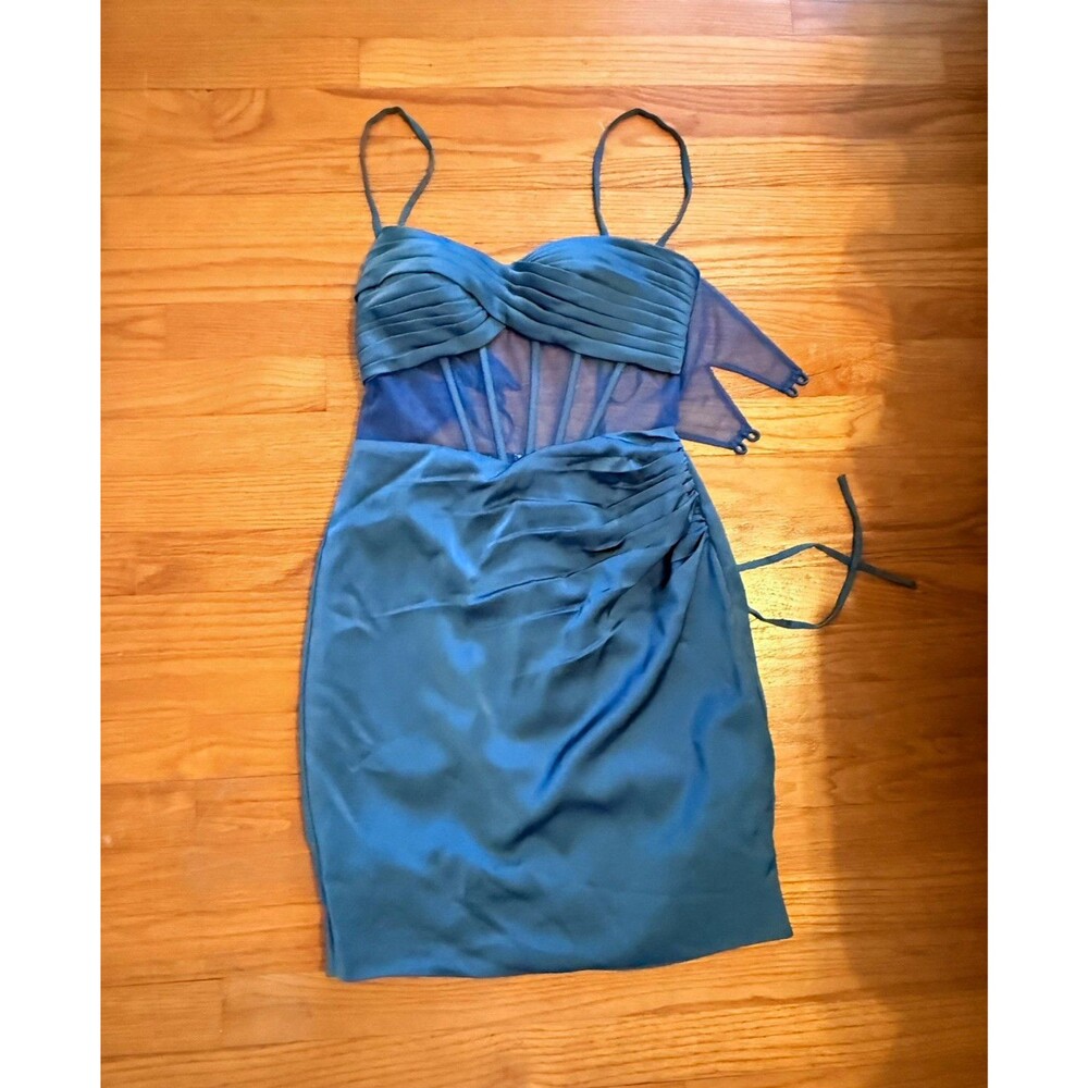 Blue Solid Ruched Bodycon Short Dress Spaghetti Strap Zip Closure Women’s 2